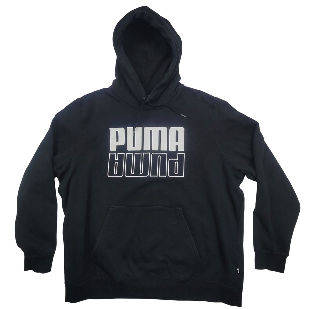 Puma Mens Mirrored Logo Hoodie Black Pullover Sweatshirt